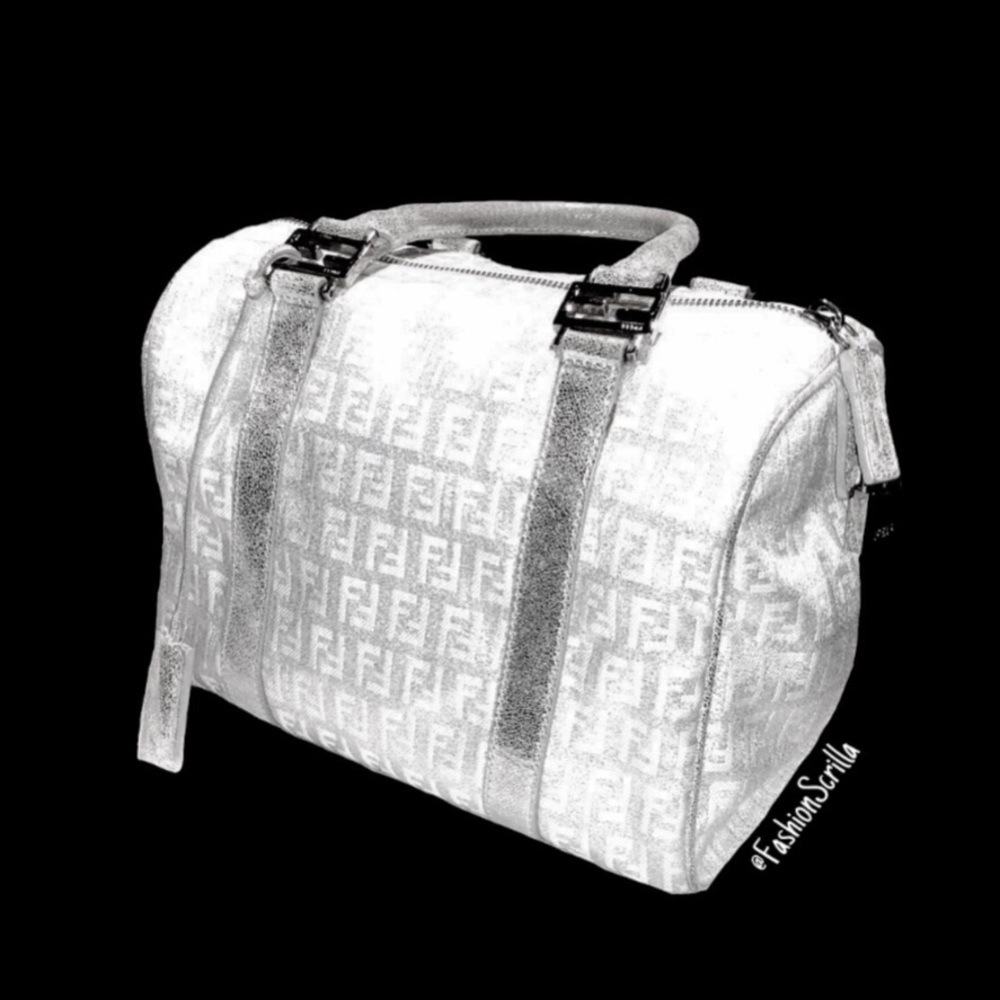 FENDI Vintage Metallic Silver - White Monogram Canvas Forever Bauletto Handbag - Picture 10 of 13